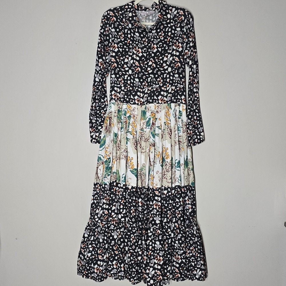 Connor Blake Mixed Print Tiered Maxi Dress Beaded Boho Long Sleeve Floral‎ Tiger